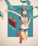  armpits artist_name eahi floating_hair hatsune_miku highres long_hair open_mouth orange_scrunchie outstretched_arm scrunchie shorts solo twintails very_long_hair vocaloid 