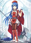  armlet axe bangs belt blue_eyes blue_hair blurry blurry_background boots bracelet brown_legwear cape cropped_vest eyebrows_visible_through_hair fire_emblem fire_emblem:_fuuin_no_tsurugi fire_emblem_heroes full_body highres hinot holding holding_weapon jewelry knee_boots lilina looking_at_viewer pantyhose pigeon-toed solo standing weapon 