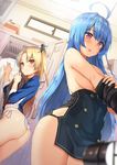  ahoge ass azur_lane bangs black_dress blonde_hair blue_hair blue_shirt blurry blurry_foreground blush body_mahattaya_ginga box breasts brown_eyes cardboard_box cleveland_(azur_lane) clothes_hanger commentary_request convenient_arm depth_of_field dress dutch_angle eyebrows_visible_through_hair fingernails grin hair_between_eyes hair_ornament helena_(azur_lane) holding indoors large_breasts locker locker_room long_hair long_sleeves looking_back md5_mismatch multiple_girls one_side_up panties parted_lips red_eyes shirt side-tie_panties smile topless underwear undressing very_long_hair white_panties white_shirt window 