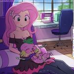  2017 blush breasts canine chair cleavage clothed clothing collar cub curtains cute desk dog duo english_text equestria_girls eyebrows eyelashes eyes_closed eyeshadow fangs feral fluttershy_(eg) fully_clothed hair hairclip human inside jeans long_hair lumineko makeup mammal mascara my_little_pony name_tag nude office_chair on_lap open_mouth pants petting pillow pink_hair sewing_machine shadow sitting skirt smile sofa spike_(eg) sunlight teal_eyes text tongue tongue_out window young 