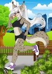  anthro clothed clothing dessert feline female fluffysteambunny food footwear fur hair ice_cream lynx mammal open_mouth outside running shoes smile solo 