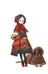  black_eyes black_hair black_legwear boots capelet cross-laced_clothes dog dress flower frilled_dress frills frown full_body hair_flower hair_ornament highres leash looking_at_viewer makaria official_art pantyhose princess_principal princess_principal_game_of_mission red_dress red_footwear shoes short_hair solo standing tosa_(dog) toudou_chise transparent_background yawning 