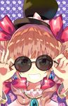  bangle bangs black_hat bow bracelet brown_hair close-up grin hair_ribbon hat hat_bow jewelry looking_at_viewer necklace portrait purple_background red_ribbon ribbon ring shiny shiny_hair smile solo sunglasses teeth to-den_(v-rinmiku) top_hat touhou white_bow yorigami_jo'on 