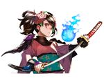  92m black_hair brown_eyes floral_print flower hair_flower hair_ornament hitodama holding holding_sword holding_weapon japanese_clothes left-handed looking_at_viewer momohime oboro_muramasa sheath short_hair simple_background solo sword twintails unsheathing weapon 