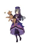  black_footwear blue_hat boots bug butterfly collar dress frilled_dress frills full_body grey_hair hand_up hat highres holding_dog insect knee_boots long_hair looking_at_viewer official_art open_mouth princess_principal princess_principal_game_of_mission purple_dress purple_eyes purple_footwear purple_legwear shoes solo sophie_mackenzie standing sweatdrop terrier_(dog) transparent_background 