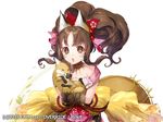  animal animal_ears bangs bow brown_eyes brown_hair commentary_request dress eyebrows_visible_through_hair floral_print fox fox_ears hair_bow high_ponytail holding holding_animal icchi_banketsu long_hair looking_at_viewer momoshiki_tsubaki official_art parted_lips pink_dress ponytail print_bow print_dress red_bow sidelocks solo upper_teeth white_background 