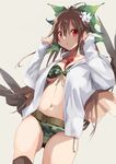  :o belt bikini bow breasts brown_hair camouflage camouflage_bikini commentary_request flower green_bow hair_between_eyes hair_bow hair_flower hair_ornament hands_up highres hood hoodie long_sleeves looking_at_viewer navel open_clothes open_hoodie red_eyes reiuji_utsuho small_breasts solo stomach swimsuit tetsurou_(fe+) touhou white_background white_flower 