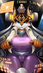  2018 anthro arwing big_breasts black_nose blue_eyes bodysuit breasts clothed clothing cockpit digital_media_(artwork) don_ko ear_piercing eyelashes feline female fully_clothed hi_res looking_at_viewer lynx mammal miyu_lynx nintendo piercing skinsuit smile smirk solo star_fox thick_thighs tight_clothing video_games 