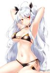  alternate_costume antenna_hair armpits arms_up azur_lane bad_id bad_pixiv_id bangs bare_arms barefoot bikini black_bikini black_ribbon blush breasts choker cleavage commentary_request cross cross_earrings earrings eyebrows_visible_through_hair hair_between_eyes hair_over_shoulder hair_ribbon hand_in_hair iron_cross jewelry large_breasts long_hair looking_at_viewer mole mole_on_breast multicolored_hair navel orange_eyes prinz_eugen_(azur_lane) red_hair ribbon side-tie_bikini sidelocks silver_hair simple_background sitting smile solo stomach streaked_hair swimsuit thigh_strap two_side_up very_long_hair wariza white_background ye_shen_ling 