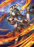  black_hair breasts cardfight!!_vanguard cleavage company_name dragon_dancer_ekaterina fire fur_trim gem green_eyes horns large_breasts long_hair midriff momose_hisashi official_art sandals sky solo 