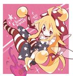  3: ahoge aida_(aidia) american_flag american_flag_dress american_flag_legwear american_flag_print bangs bare_arms blonde_hair border bright_pupils character_name closed_mouth clownpiece dress fairy fairy_wings fire flag_print full_body full_moon hair_between_eyes hat highres holding jester_cap long_hair looking_away moon multicolored multicolored_clothes multicolored_dress multicolored_legwear neck_ruff pantyhose polka_dot polka_dot_hat purple_fire red_eyes red_hat short_sleeves solo sparkle squiggle star star-shaped_pupils star_(sky) striped striped_legwear symbol-shaped_pupils torch touhou typo uneven_eyes very_long_hair white_border white_pupils wings 