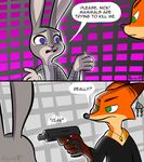  2016 anthro buckteeth canine clothed clothing comic dialogue disney duo ear_piercing english_text fanartiguess female fox green_eyes gun handgun holding_object holding_weapon jewelry judy_hopps lagomorph male mammal necklace nick_wilde pattern_background piercing pistol purple_eyes rabbit ranged_weapon signature simple_background teeth text weapon zootopia 