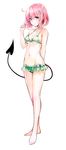  1girl absurdres arm_behind_back barefoot bikini bikini_skirt breasts cleavage collarbone demon_tail flower full_body green_bikini groin hair_flower hair_ornament hair_twirling halter_top halterneck highres looking_at_viewer medium_breasts momo_velia_deviluke navel official_art pink_eyes pink_hair smile solo standing swimsuit tail to_love-ru to_love-ru_darkness underboob white_background yabuki_kentarou 