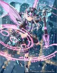  armor armored_boots boots breastplate cardfight!!_vanguard company_name dark_saga_painter facial_mark gauntlets gloves hat long_hair magic_circle midriff navel pink_eyes pointy_ears polearm solo spear tadokoro_teppei teeth weapon white_hair wings 