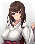  breasts brown_hair closed_mouth hakama highres japanese_clothes large_breasts light_smile long_hair miko original purple_eyes red_hakama solo takanashi-a wide_sleeves 