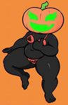  2017 belly breasts clothed clothing deep_navel female food fruit hi_res humanoid jack-o&#039;-lantern navel not_furry open_mouth overweight pumpkin simple_background smile solo underwear wizbooty 