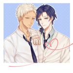  2boys arm_on_shoulder black_hair blue_eyes hairclip mizuno_yuu multiple_boys necktie polka_dot_background sanrio_danshi shirt white_hair white_shirt yellow_eyes yoshino_shunsuke 