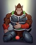  balls brown_fur clothing dragon_ball dragon_ball_z erection fur kneeling male oozaru penis primodrago red_eyes simple_background sweat torn_clothing wardrobe_malfunction 