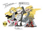  3boys blonde_hair blue_eyes boots crossed_arms dark_skin dark_skinned_male emperor_(splatoon) inkling inoue_seita looking_at_viewer multiple_boys n-pacer_(splatoon) official_art pink_eyes pointy_ears ponytail prince_(splatoon) sitting splatoon_(manga) splatoon_(series) splatoon_2 squatting squidkid_jr. tentacle_hair 