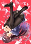  abstract_background ass bangs black_legwear blush breasts brown_hair closed_mouth feet foreshortening full_body gradient_hair hairband kasumigaoka_utaha legs_up long_hair long_sleeves looking_at_viewer medium_breasts miniskirt multicolored_hair own_hands_together panties panties_under_pantyhose pantyhose pleated_skirt purple_hair purple_shirt purple_skirt saenai_heroine_no_sodatekata school_uniform shirouzu_myuuta shirt skirt smile soles solo tareme thighband_pantyhose toes triangle underwear upside-down upskirt very_long_hair white_hairband 