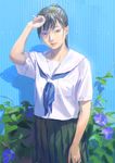  black_hair blue_neckwear closed_mouth commentary_request day green_skirt grey_eyes hand_up highres neckerchief original outdoors plant pleated_skirt ponytail sailor_collar school_uniform serafuku shadow short_sleeves skirt solo standing tunapon01 upper_body white_sailor_collar 