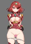  blush breasts censored earrings eyebrows_visible_through_hair fingerless_gloves gloves hair_ornament heart heart_censor homura_(xenoblade_2) jewelry kaorihero large_breasts looking_at_viewer pubic_hair pussy red_eyes red_hair short_hair sidelocks simple_background solo tiara white_background xenoblade_(series) xenoblade_2 