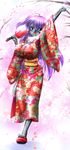  background breasts flower full_body_tattoo grey_eyes highres irezumi japanese_clothes kimono long_hair nail_polish piercing purple_hair seiji_(artist) tattoo tongue_piercing 
