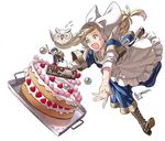  alfonse_(fire_emblem) alternate_costume anniversary apron bird blonde_hair boots braid cake feh_(fire_emblem_heroes) fire_emblem fire_emblem_heroes flying_sweatdrops food fruit green_eyes headwear icing kozaki_yuusuke long_hair official_art open_mouth orb owl sharena signature simple_background strawberry sweatdrop tray tripping 