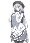  absurdres alternate_costume bangs blush breasts coat cold cowboy_shot flying_sweatdrops gloves greyscale hands_up hat highres hinanawi_tenshi long_hair looking_at_viewer medium_breasts miniskirt monochrome neropaso pantyhose scarf simple_background skirt solo standing touhou white_background 