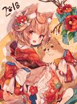  2018 ana_(rznuscrf) animal animal_ears bangs bone_hair_ornament brown_eyes brown_hair chinese_zodiac commentary_request dog dog_ears dog_girl dog_tail eyebrows_visible_through_hair fingernails floral_print flower hair_flower hair_ornament head_tilt japanese_clothes kimono long_sleeves looking_at_viewer looking_to_the_side original print_kimono red_flower red_kimono seiza sitting solo tail thick_thighs thighs wide_sleeves year_of_the_dog 
