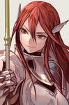  armor closed_mouth fire_emblem fire_emblem:_kakusei full_armor gauntlets grey_background hair_between_eyes hair_ornament hankuri holding holding_spear holding_weapon long_hair polearm red_eyes red_hair simple_background smile solo spear tiamo upper_body weapon 