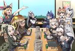  animal_ears anteater_ears arm_up bandaid bandaid_on_nose bear_ears benishouga black_gloves black_hair black_neckwear blonde_hair blue_legwear blue_skirt bow bowtie breasts brown_coat brown_eyes brown_hair buttons chair chopsticks cleavage coat collared_shirt commentary_request cup dark_skin dire_wolf_(kemono_friends) donburi eating elbow_gloves employee_uniform eurasian_eagle_owl_(kemono_friends) eyebrows_visible_through_hair fang fast_food_uniform fingerless_gloves food food_on_face fur_collar fur_trim giant_anteater_(kemono_friends) gloves green_eyes green_tea grey_coat grey_hair grizzly_bear_(kemono_friends) gyuudon haegiwa_gonbee hair_between_eyes hat head_wings highres holding holding_chopsticks holding_staff holding_tray honey_badger_(kemono_friends) indoors japari_symbol kemono_friends king_cobra_(kemono_friends) long_hair long_sleeves looking_at_another meal_tickets medium_breasts menu miniskirt multicolored_hair multiple_girls nakau necktie northern_white-faced_owl_(kemono_friends) open_mouth oyakodon plaid_sleeves pleated_skirt print_neckwear restaurant rice rice_on_face saltwater_crocodile_(kemono_friends) sandstar serval_(kemono_friends) serval_ears serval_print shirt short_hair sitting skirt smile staff sweatdrop table tea thighhighs tray uniform very_long_hair white_gloves window wolf_ears wolverine_(kemono_friends) yellow_eyes yellow_gloves yunomi 