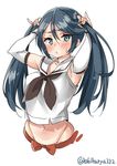  blue_hair blush brown_neckwear ebifurya green_eyes highres isuzu_(kantai_collection) kantai_collection long_hair neckerchief sailor_collar school_uniform serafuku simple_background solo twintails twitter_username white_background white_sailor_collar 