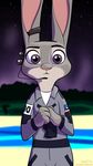  2016 anthro clothed clothing contact_(film) crossover disney fanartiguess female gloves headphones headset holding_object judy_hopps lagomorph looking_at_viewer mammal night purple_eyes rabbit signature sky solo standing star starry_sky stars_and_stripes uniform united_states_of_america url zootopia 