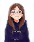  blue_coat blush brown_hair commentary_request derivative_work duffel_coat frown glasses hair_down highres long_hair marker_(medium) millipen_(medium) potekite purple_eyes screencap_redraw solo sora_yori_mo_tooi_basho takahashi_megumi tears traditional_media upper_body white_background 