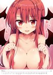  areolae bangs bat_wings blush breasts calendar_(medium) collarbone commentary_request demon_girl eyebrows_visible_through_hair gradient gradient_background hair_censor hair_over_breasts head_wings heart highres koakuma large_breasts long_hair looking_at_viewer maturiuta_sorato nipples nude parted_lips pink_background red_eyes red_hair smile solo touhou upper_body white_background wings 