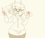  2015 anthro black_nose breasts cake canine caprine clothed clothing dog eyewear female food freckles glasses goat happy holding_object hoodie horn hybrid ketchup legwear mammal monochrome panties plate sepia skimpy smile solo sprocket_(artist) standing stockings underwear wide_hips zipper 