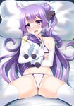  ahoge azur_lane blush bra breasts breath bright_pupils butter-t covered_nipples elbow_gloves gloves holding holding_stuffed_animal long_hair lying nose_blush on_back on_bed panties purple_eyes purple_hair skindentation small_breasts solo spread_legs stuffed_alicorn stuffed_animal stuffed_toy sweat thighhighs underwear unicorn_(azur_lane) white_bra white_gloves white_legwear white_panties 