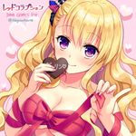  bangs blonde_hair blush bow breasts chocolate chocolate_heart cleavage closed_mouth collarbone copyright_name eyebrows_visible_through_hair fingernails food hagino_kouta hair_between_eyes heart holding holding_food large_breasts looking_at_viewer luise_(red_corruption) nail_polish naked_ribbon official_art pink_background pink_nails purple_eyes red_bow red_corruption red_ribbon ribbon smile solo translation_request twitter_username 
