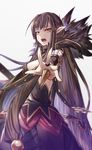  bare_shoulders black_dress black_hair blurry breasts commentary_request depth_of_field detached_sleeves dress fangs fate/apocrypha fate/grand_order fate_(series) fur_trim highres large_breasts long_hair looking_at_viewer open_mouth pointy_ears semiramis_(fate) teko very_long_hair white_background yellow_eyes 