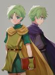  back-to-back blue_eyes book brothers cape cloak expressionless fingerless_gloves fire_emblem fire_emblem:_fuuin_no_tsurugi gloves green_hair grey_background highres holding holding_book lleu_(fire_emblem) looking_at_viewer looking_away lugh_(fire_emblem) multiple_boys purple_cloak robe serious short_hair shorts siblings simple_background twins wspread yellow_cape 