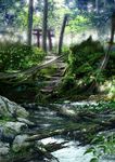  bare_tree commentary_request dappled_sunlight day fantasy forest highres landscape nature no_humans original outdoors pajaman plant river rock scenery sunlight torii tree 