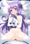  ahoge anus azur_lane blush breasts bright_pupils butter-t censored elbow_gloves gloves holding holding_stuffed_animal long_hair lying mosaic_censoring nipples nose_blush nude on_back on_bed purple_eyes purple_hair pussy skindentation small_breasts solo spread_legs stuffed_alicorn stuffed_animal stuffed_toy sweat thighhighs unicorn_(azur_lane) white_gloves white_legwear 