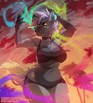  anthro arms_above_head big_breasts black_fur black_sclera blue_nose bra breasts chain clothing cloud collar ear_piercing facial_piercing fur furgonomics furry-specific_piercing green_highlights grin hair highlights hyena lip_piercing looking_at_viewer mammal nose_piercing notched_ear palm_tree piercing purple_fur purple_hair sinoh smile solo spots spotted_fur sunset tofu93 tree underwear yellow_eyes 