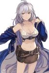  ahoge armpits bare_shoulders belt belt_pouch braid breasts brown_eyes cleavage closed_mouth collarbone cowboy_shot crop_top granblue_fantasy jacket long_hair long_sleeves looking_to_the_side medium_breasts midriff navel off_shoulder over-kneehighs pouch sabanobori silva_(granblue_fantasy) silver_hair simple_background skirt solo standing taut_clothes thighhighs twin_braids very_long_hair white_background zettai_ryouiki 