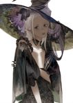  black_eyes black_nails capelet closed_mouth commentary_request fingernails hat high-waist_skirt looking_at_viewer matayoshi nail_polish original pointy_ears sharp_fingernails simple_background skirt solo white_background white_hair witch witch_hat 