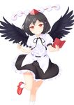  black_hair black_skirt black_wings feathered_wings geta grin hat highres holding holding_notepad holding_pen kanpa_(campagne_9) kneehighs leg_up looking_at_viewer notepad pen pom_pom_(clothes) red_eyes ribbon-trimmed_skirt ribbon_trim shameimaru_aya shirt short_hair simple_background skirt smile solo tengu-geta tokin_hat touhou white_background white_legwear white_shirt wings 