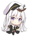  animal animal_on_head azur_lane bangs bird bird_on_head black_coat black_legwear black_neckwear black_skirt blush chibi closed_mouth coat collared_shirt eagle enterprise_(azur_lane) eyebrows_visible_through_hair full_body hair_between_eyes hat hitsukuya long_hair long_sleeves looking_at_viewer military_hat necktie on_head open_clothes open_coat peaked_cap pleated_skirt purple_eyes shirt silver_hair simple_background skirt sleeveless sleeveless_shirt smile solo standing thighhighs v-shaped_eyebrows very_long_hair white_background white_hat white_shirt 