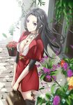  absurdres bad_id bad_pixiv_id black_hair breasts cattleya_baudelaire cleavage dress earrings flower flower_pot highres jewelry long_hair medium_breasts necklace open_clothes open_shirt purple_eyes red_dress shirt typewriter violet_evergarden zhl- 