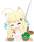  ^_^ ahoge animal_ears azur_lane bailingxiao_jiu bangs bare_arms bare_legs bare_shoulders barefoot bikini blush cat_ears chibi closed_eyes collarbone commentary_request conch eldridge_(azur_lane) eyebrows_visible_through_hair eyepatch_bikini facial_mark facing_viewer fang fishing_hook fishing_line fishing_rod food food_on_face fruit full_body hair_ornament head_tilt highres holding holding_food knife long_hair navel open_mouth seiza side-tie_bikini simple_background sitting solo star star_hair_ornament swimsuit twintails very_long_hair watermelon white_background white_bikini 